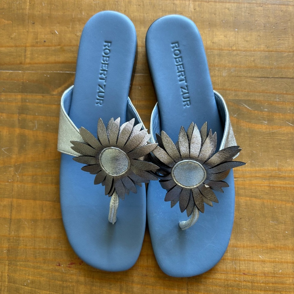 Robert Zur Sunflower Thong Leather Sandals-Silver/Blue-Size 9M